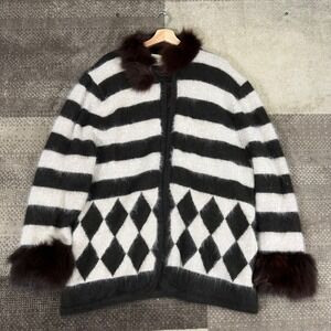 Y2K Cache Womens M Black Brown Striped Rabbit Fur Angora Coat Boho